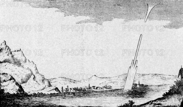 A weather column observed in Königswinter on the Rhine on June 1, 1858, meteorology, weather, rare phenomenon, phenomenon, mountain landscape, shore, sky, weather conditions, historical illustration, North Rhine-Westphalia, Germany, 19th century