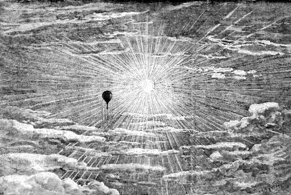 An enchanting scene seen from a balloon, meteorology, central sun, sunshine, sunrays, cloudy sky, fair weather clouds, cumulus, weather balloon, measurement, climate data, weather sates, altitude, historical illustration, 19th century