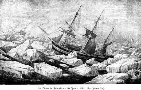 Storm in polar ice on January 20, 1842, by James Ross, Arctic Ocean, Ice Block, Icebergs, Cold Climate, Two Sailing Ships, Rigging, Three-Master, Frost, Danger, Research, Travel, Historical Illustration, 19th century