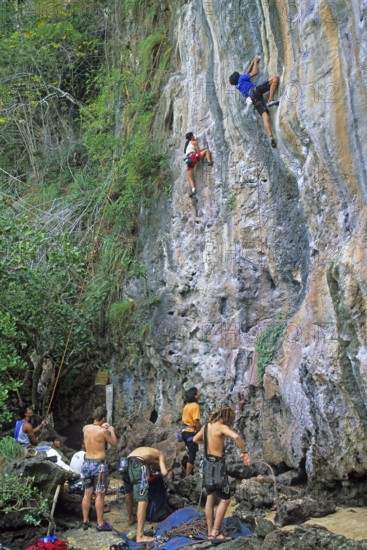 Mountaineers on Railay East Beach, two years in front of the tsunami, Krabi, Thailand, December 2002, vintage, retro, old, historic