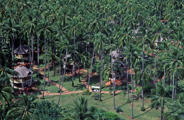 Houses, palm trees, view of holiday complex from the viewpoint, two years in front of the tsunami, Railay, Krabi, Thailand, December 2002, vintage, retro, old, historic