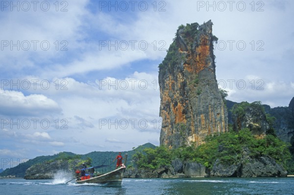 Rocks in the sea, longtail boat, two years in front of the tsunami, Railay, Krabi, Thailand, December 2002, vintage, retro, old, historic