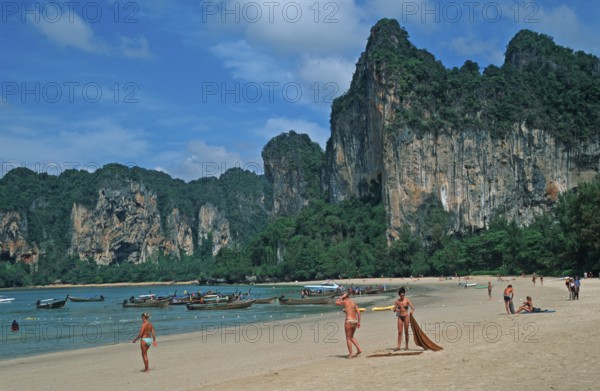 People, longtail boats, beach, Railay West, two years in front of the tsunami, Krabi, Thailand, December 2002, vintage, retro, old, historic