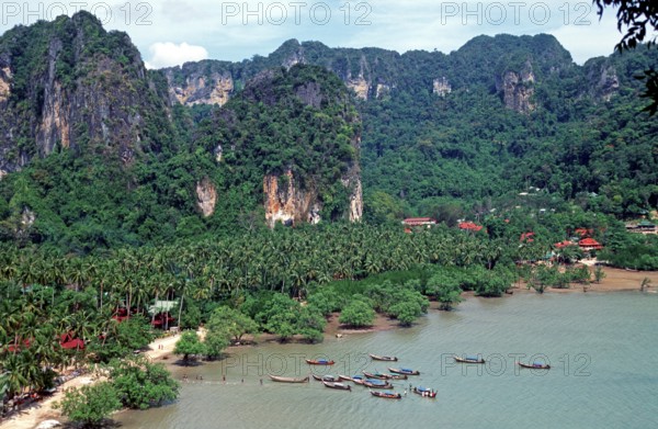 Mountains, sea, beach, boats, view of Railay East from the viewpoint, two years in front of the tsunami, Krabi, Thailand, December 2002, vintage, retro, old, historic