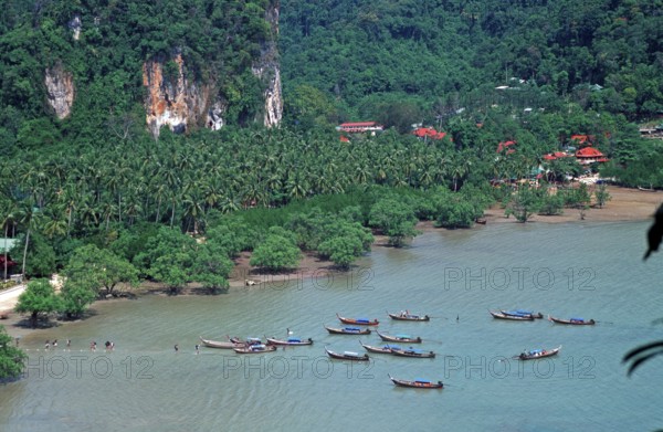 Mountains, sea, boats, view of Railay East from the viewpoint, two years in front of the tsunami, Krabi, Thailand, December 2002, vintage, retro, old, historic