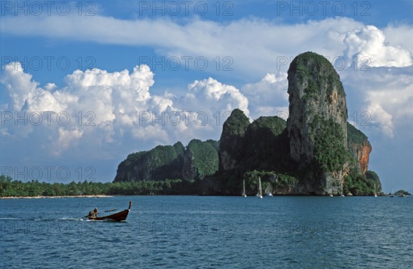 Longtail boat, rocks in the sea, Railay East, two years in front of the tsunami, Krabi, Thailand, December 2002, vintage, retro, old, historic
