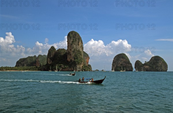 Longtail boats, rocks in the sea, Railay East, two years in front of the tsunami, Krabi, Thailand, December 2002, vintage, retro, old, historic