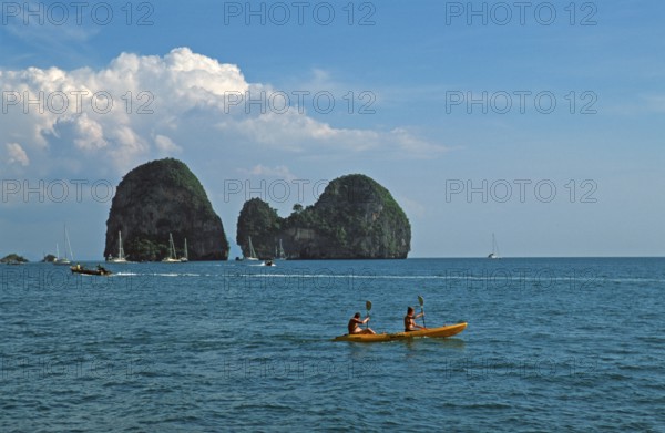 Kayak, rocks in the sea, Railay East, two years in front of the tsunami, Krabi, Thailand, December 2002, vintage, retro, old, historic