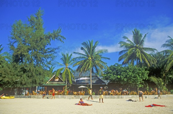 People, palm trees, beach, Railay West, two years in front of the tsunami, Krabi, Thailand, December 2002, vintage, retro, old, historic