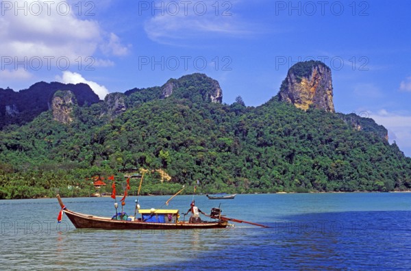 Mountains, sea, longtail boat, two years in front of the tsunami, Railay East, Krabi, Thailand, December 2002, vintage, retro, old, historic