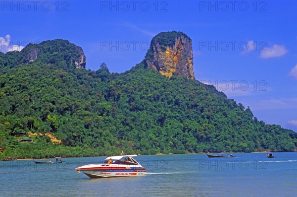 Mountains, sea, boat, two years in front of the tsunami, Railay East, Krabi, Thailand, December 2002, vintage, retro, old, historic