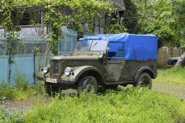 Old off-road vehicle with blue tarpaulin cover standing in overgrown green surroundings, Soviet military off-road vehicle, GAZ-69, Asureti, Asureti, Elizabeth Valley, Lower Kartli region, Georgia