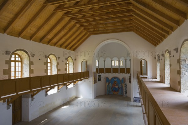 Large church room in wooden design with gallery and many windows. Light floods the room, German Evangelical Lutheran Church of the Redeemer, Schwabenstraße, village founded by Caucasian Germans, Asureti, Asureti, Elizabeth Valley, Lower Kartli region, Georgia