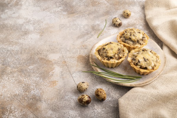 Tartlets with meat and cheese on brown concrete background and linen textile. side view, copy space