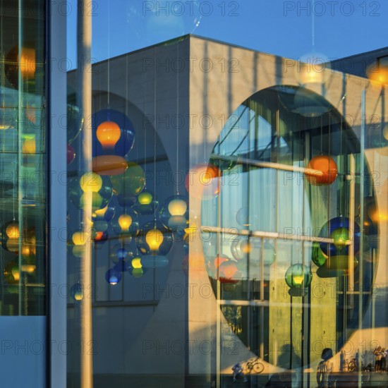 Artistic lamp installation with window reflection of the Marie-Elisabeth-Lüders House, art, abstract, government district, Berlin
