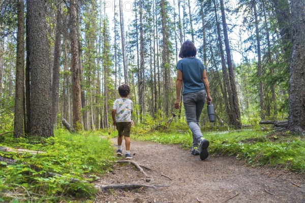 Mother and son enjoying a leisurely hike through a lush green forest in banff national park, surrounded by tall trees and fresh air, creating lasting memories amidst the beauty of nature