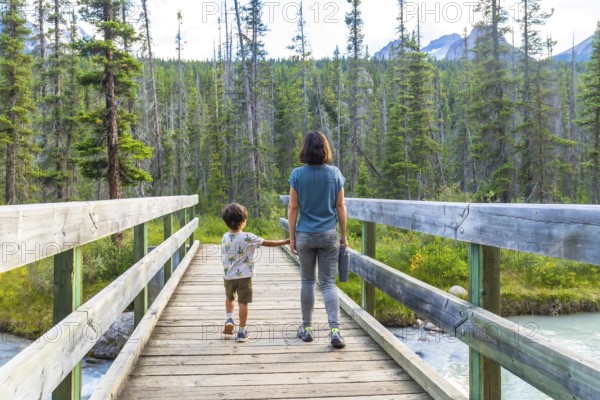 Mother and son holding hands, enjoying a leisurely hike across a wooden bridge, surrounded by the stunning natural beauty of banff national park in the canadian rockies