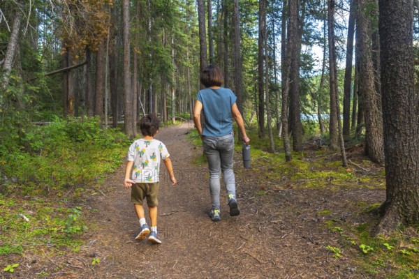 Mother and son are enjoying a leisurely hike through a lush forest trail in banff national park, surrounded by towering trees and the promise of adventure
