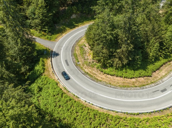 Bird's eye view of a car on a winding road through a dense forest, deer e-car sharing, Cupra electric car, Black Forest, Germany