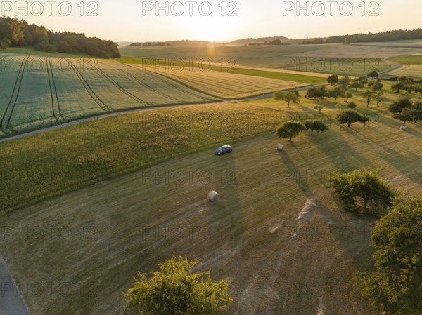 A car is parked in the middle of a rural field, surrounded by meadows and trees at sunset, deer e-car sharing, Cupra electric car, Germany