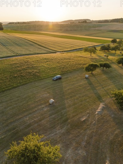 Car in a vast, sunny field landscape during sunset, deer e-car sharing, Cupra electric car, Gechingen, Germany