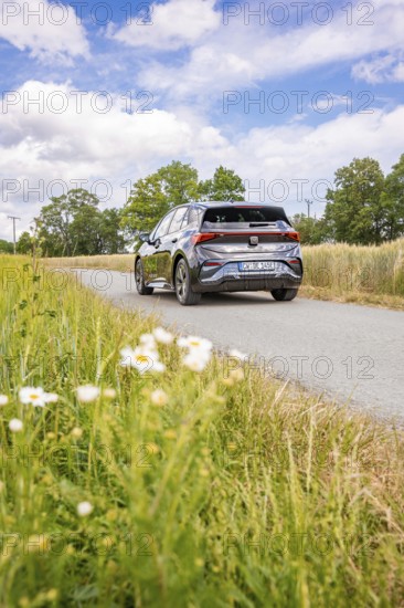 Black car driving on a country road with blooming meadows and cloudy sky, deer e-car sharing, Cupra electric car, Germany