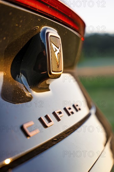 Close-up of emblem on black car with focus on details, Deer e-car sharing, Cupra electric car, Germany