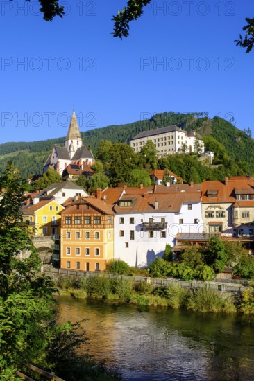 Murau with Obermurau Castle and St. Matthew Church, Mur River, Styria, Austria