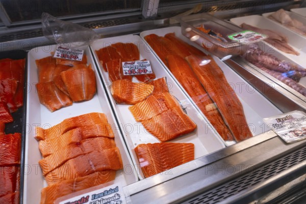 Fresh salmon fillets, cut into steaks and portions, are displayed on ice in a fish market in vancouver, canada, ready for sale to customers seeking high quality seafood