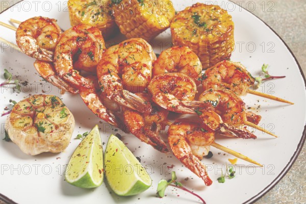 Tiger prawns on skewers, shrimp kebab, with corn, fried, homemade, no people