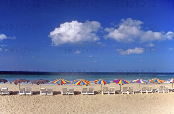 Umbrellas and sun loungers on Karon Beach, two years in front of the tsunami, Ko Phuket, Thailand, December 2002, vintage, retro, old, historic