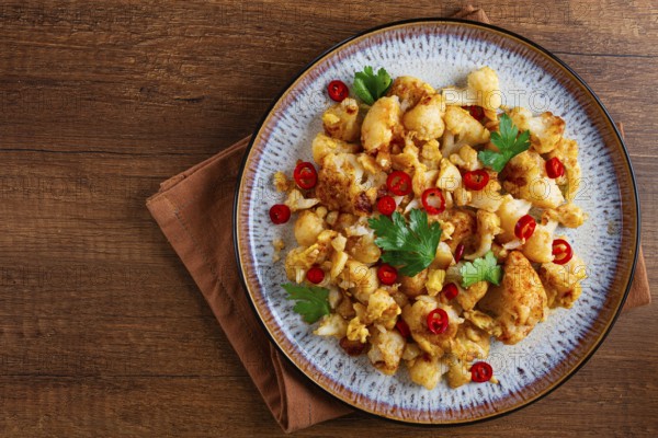 Spicy fried cauliflower served on a wooden countertop
