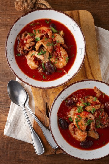 Two plates of seafood in tomato sauce, olives, top view