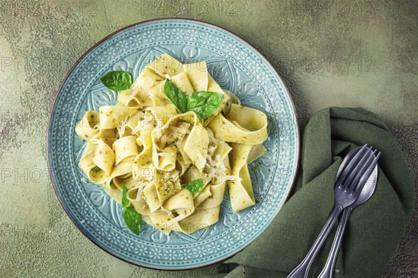 Pasta papardelle, with pesto and parmesan cheese, homemade, no people