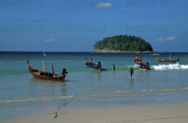 Longtail boats, island, Kata Beach, two years in front of the tsunami, Ko Phuket, Thailand, December 2002, vintage, retro, old, historic