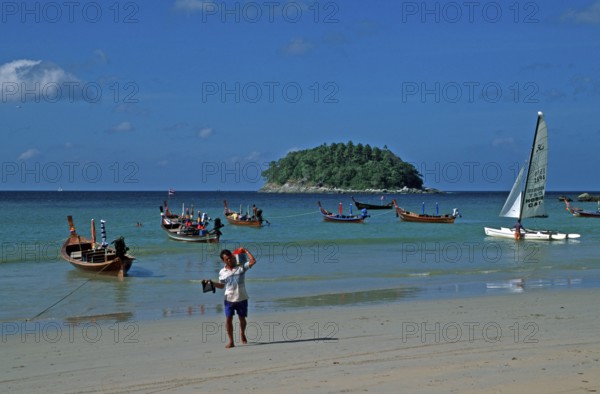 Longtail boats, people, island, Kata Beach, two years in front of the tsunami, Ko Phuket, Thailand, December 2002, vintage, retro, old, historic