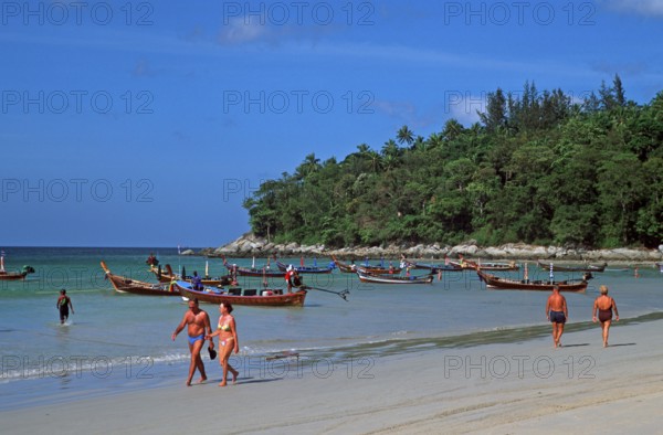 Longtail boats, people, Kata Beach, two years in front of the tsunami, Ko Phuket, Thailand, December 2002, vintage, retro, old, historic