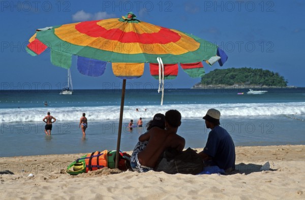 People, parasol, island, Kata Beach, two years in front of the tsunami, Ko Phuket, Thailand, December 2002, vintage, retro, old, historic