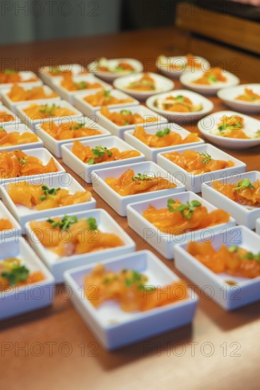 Fresh salmon starter in small square bowls, Christmas party Dekra Congresshotel Wart, Calw district, Germany