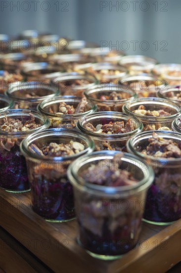 Rustic glasses filled with nuts and red cabbage, Christmas party Dekra Congresshotel Wart, Calw district, Germany