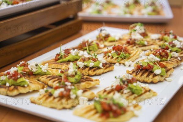 Delicious gaufres with avocado and tomatoes served stylishly piece by piece, Christmas party Dekra Congresshotel Wart, Calw district, Germany