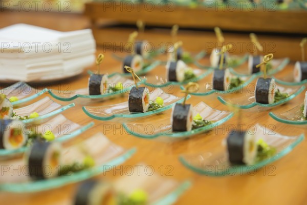 Sushi presentation on elegant glass plates for an exclusive buffet, Christmas party Dekra Congresshotel Wart, Calw district, Germany