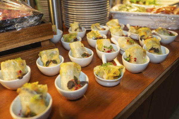 Buffet with warm dim sum and decorative spices, Christmas party Dekra Congresshotel Wart, Calw district, Germany