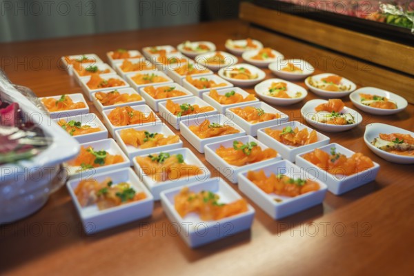 Fresh salmon starter in white square bowls, Christmas party Dekra Congresshotel Wart, Calw district, Germany