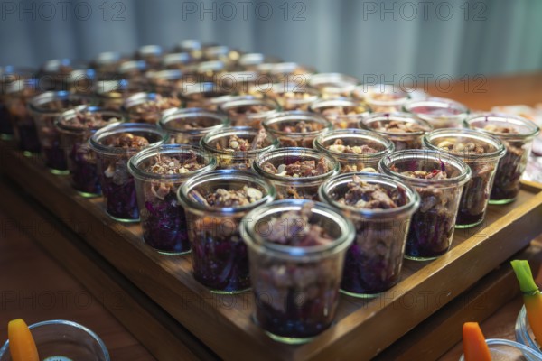 Rustic presentation of layered desserts in glasses, Christmas party Dekra Congresshotel Wart, Calw district, Germany