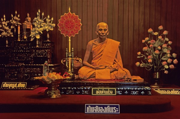 Wax monk at Wat Chalong monastery, Ko Phuket, Thailand, December 2002, vintage, retro, old, historic