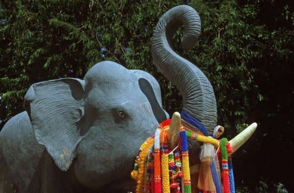 Decorated elephant figure in Wat Chalong monastery, Ko Phuket, Thailand, December 2002, vintage, retro, old, historic