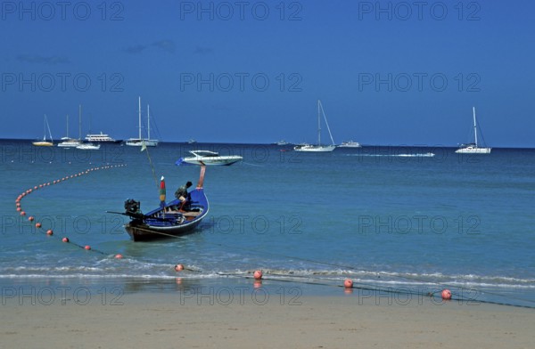 Longtail boat and yachts on Patong Beach, Ko Phuket, two years in front of the tsunami, Thailand, December 2002, vintage, retro, old, historic