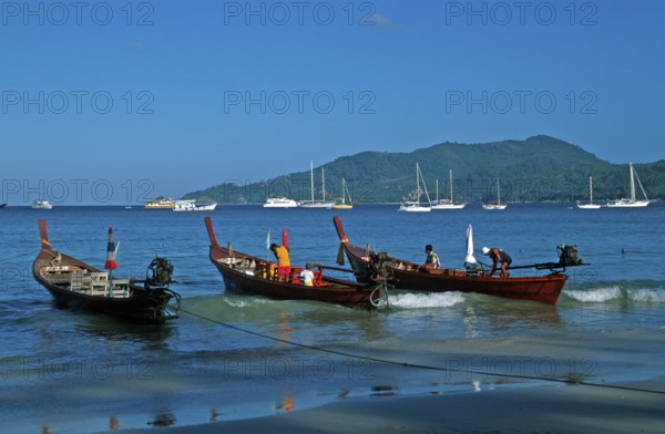 Longtail boats and yachts on Patong Beach, Ko Phuket, two years in front of the tsunami, Thailand, December 2002, vintage, retro, old, historic