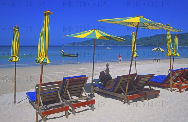Umbrellas, people, Patong Beach, Ko Phuket, two years in front of the tsunami, Thailand, December 2002, vintage, retro, old, historic